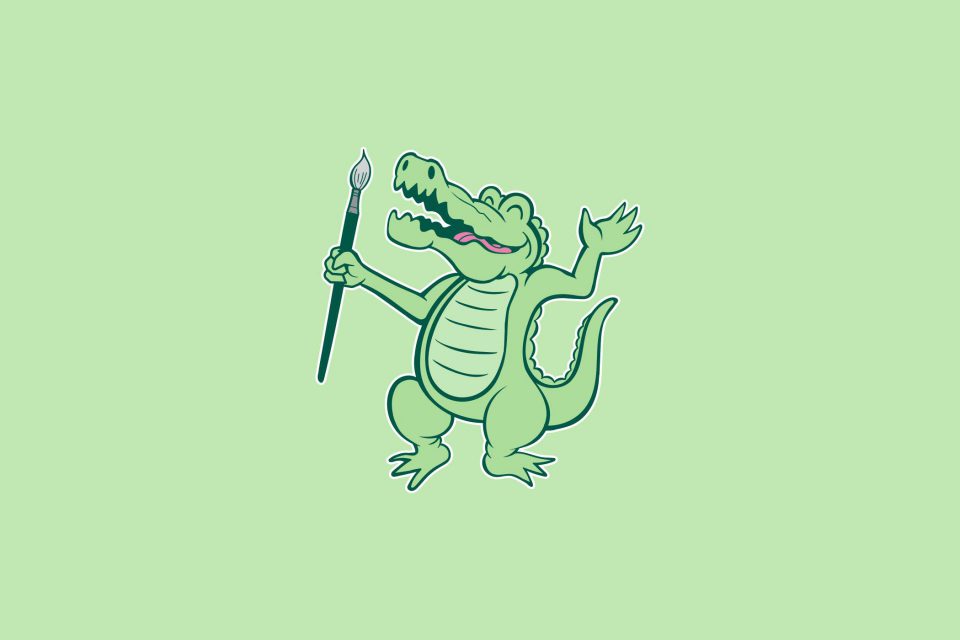 Pottery Bayou animated alligator mascot smiling with a paintbrush in its hand on a green background